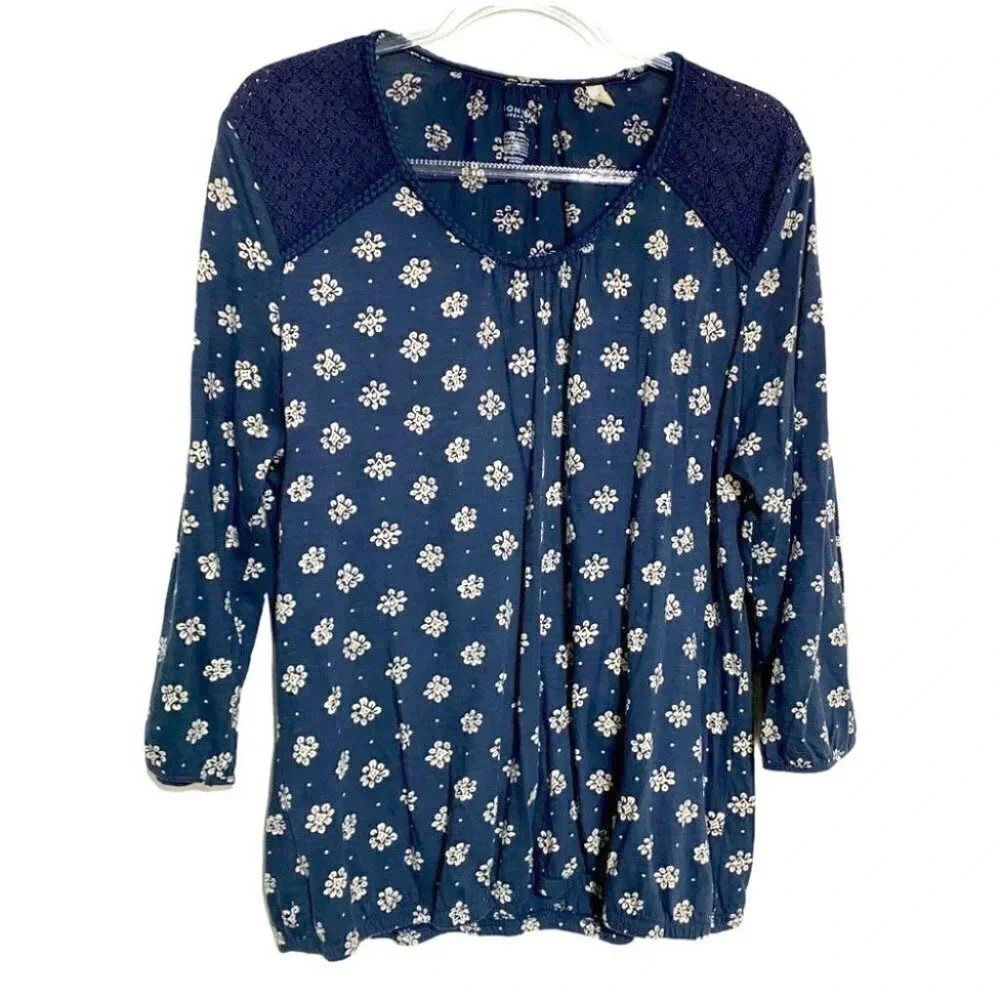 Sonoma Blouse Large Navy Blue Floral Crochet Lace Trim 3/4 Sleeve Bubble Hem
